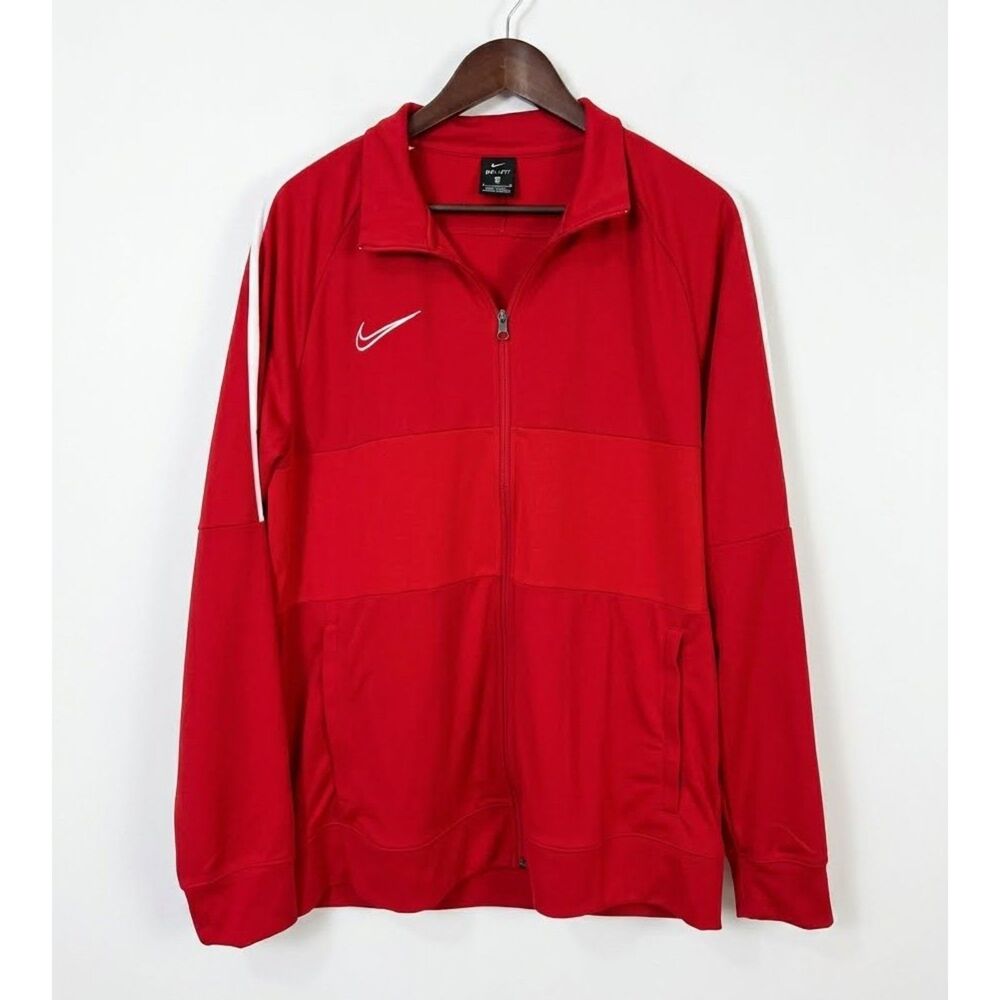 Nike Dri-FIT Track Jacket Mens XL Red Full Zip Athletic Pockets White Logo Zip